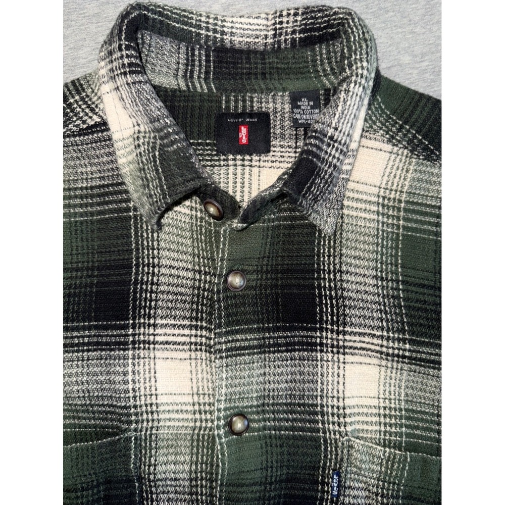 Levi Mens Green Plaid Flannel Shacket  Size XL Heavy Cotton Workwear Soft Shirt